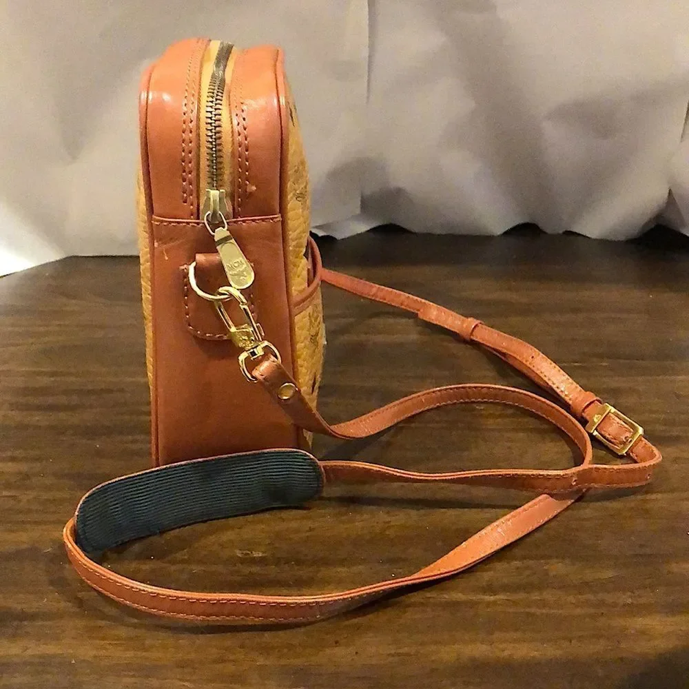 MCM Visetos Cognac Monogram Camera Messenger Bag Leather Lined Mirror EUC RARE